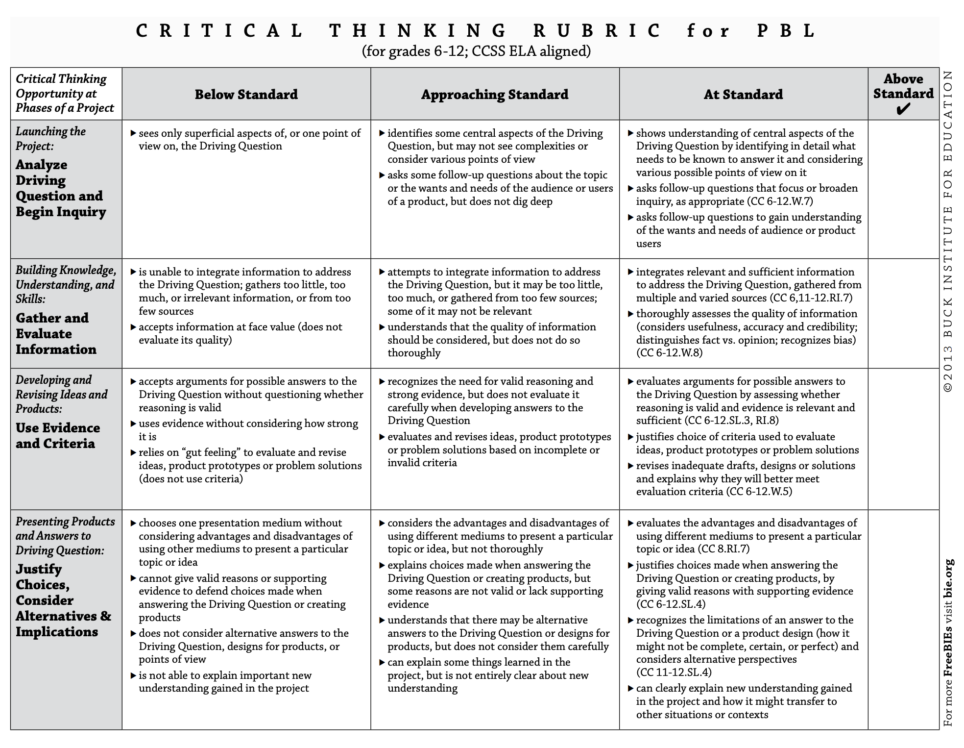 rubric for critical thinking questions